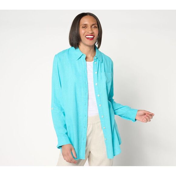 Denim & Co. Women's Top Petite PM Naturals Linen Blend Button-Front Blue A673848 - Picture 1 of 4